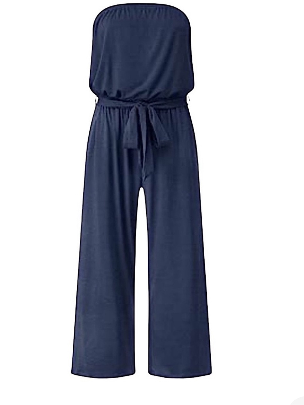 ZESICA Women’s Off Shoulder Navy Strapless Belted Wide Leg Jumpsuit Romper
